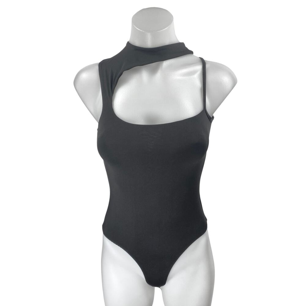 Princess Polly Black Ribbed Sleeveless Cutout Mock Neck Tank Bodysuit Top Size 2